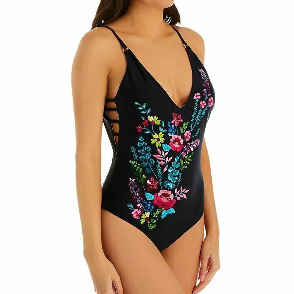 NWT Nanette Lepore Val Floral Sequin Embellishment One Piece Swimsuit Size 6
